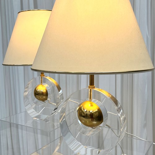 Midcentury Acrylic And Gilt Metal Table Lamps 