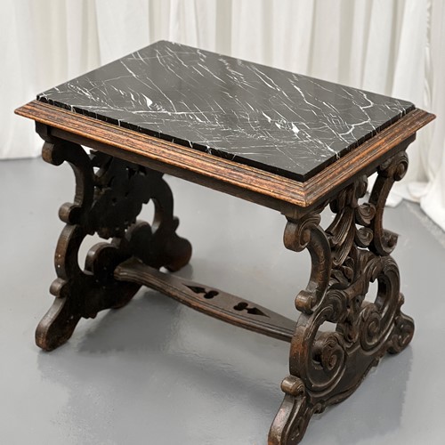 1950’S Carved Oak & Marble Side Table 
