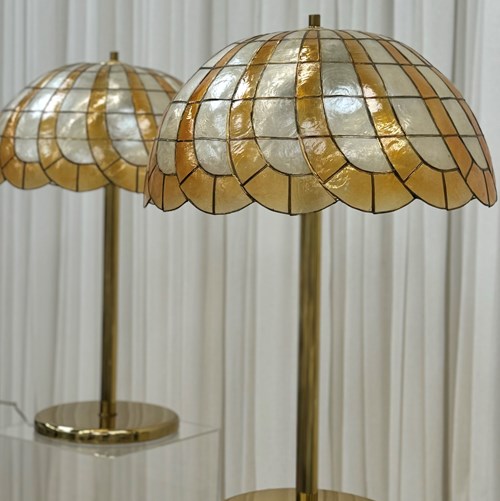 Large Midcentury Capiz Shell & Brass Table Lamps By Krieg & Kremer