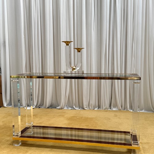 1970S Lucite, Brass & Mahogany Console Table