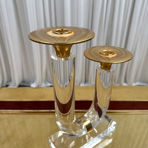 1970’S Lucite And Brass Two Light Candle Holder