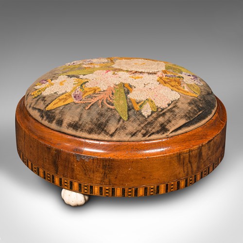 Antique Sampler Stool, English, Walnut, Boxwood, Embroidered, Decor, William IV