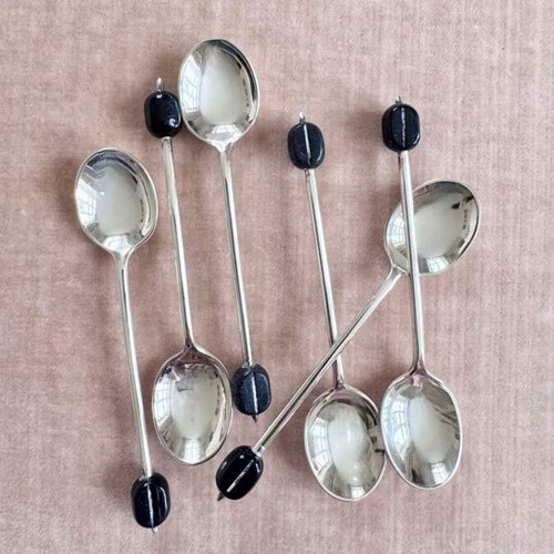 Art Deco Silver Plated Black Coffee Bean End Spoons In Box