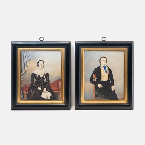 Pair Of American School Folk Art Portraits