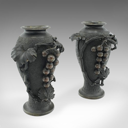 Pair Of Antique Decorative Vases, Japanese, Bronze Baluster, Meiji, Victorian