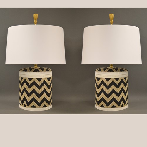 Pair Of Chevron Beaded Baskets As Large Lamps