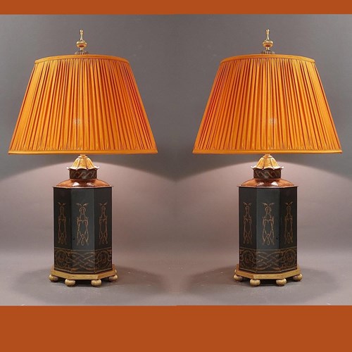 Pair Of Vintage Octagon Tole Table Lamps ( 2 Pairs Available) 