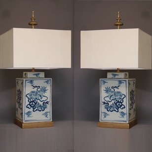 Pair square Chinese lidded vases as lamps