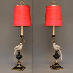 Pair Ceramic Parrot Candle Sticks As Lamps.