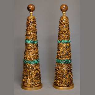 Pair of decorative Tiger Eye/Malachite clad cones