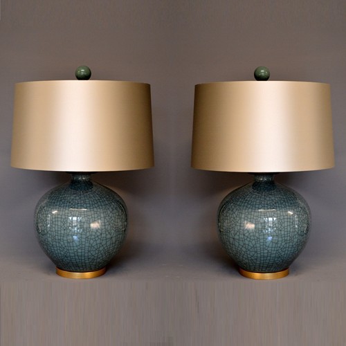 Pair Of Craquel Celadon Vases As Lamps