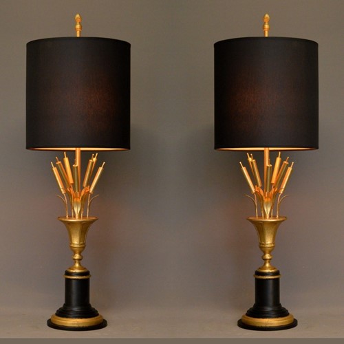 Pair Of Cat Tail In Urn Table Lamps, Black/Gold