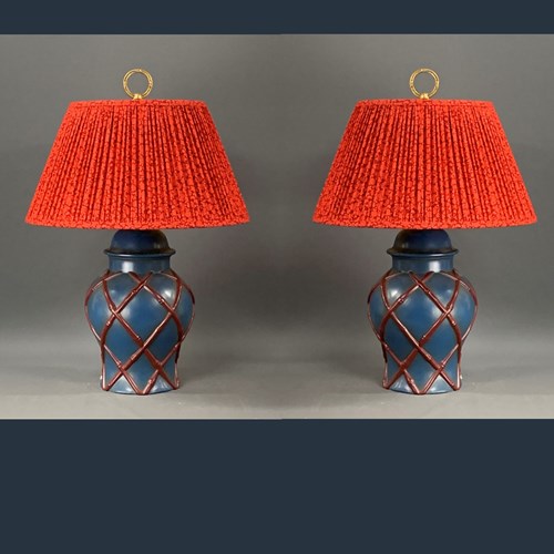 Pair Vintage Faux Bamboo Blue-Red Temple Jar Lamps