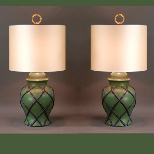 Pair Of Vintage Faux Bamboo Decor Green-Blue Lamps