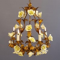 Italian vintage yellow rose 6 light chandelier