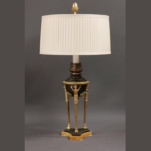 Antique Bronze And Marble Tripod Lamp