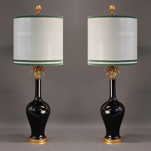 Pair Of Black Vintage Longneck Vase Lamps