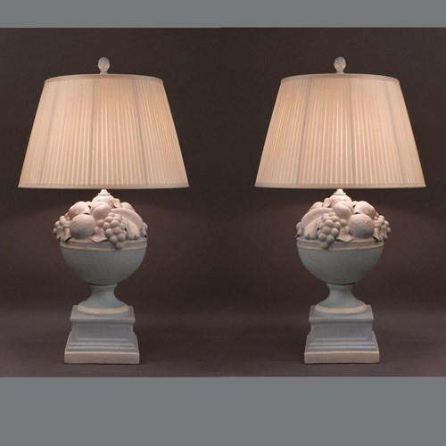 Pair Vintage Italian Ceramic Bowl Fruit Table Lamps