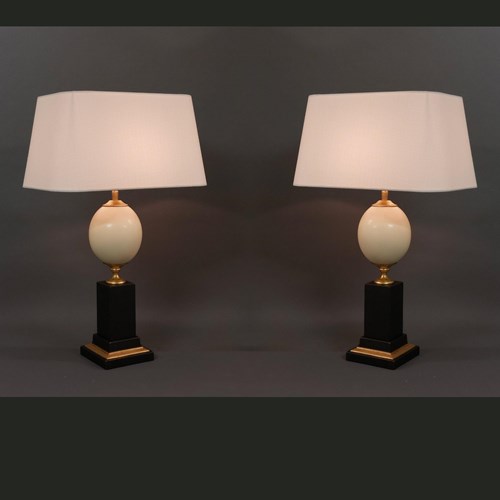 Pair Classic 70'S Ostrich Egg On Plinth Table Lamps