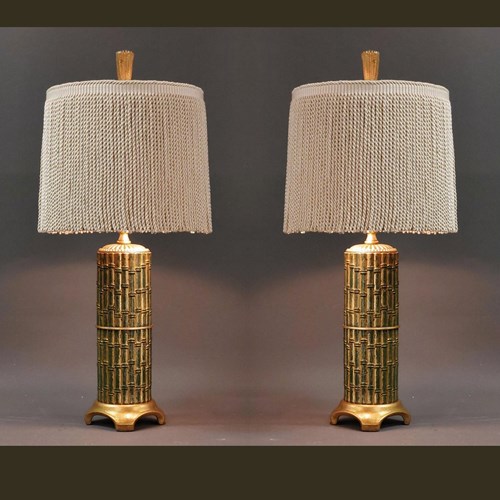 Pair Vintage Faux Bamboo Green Gold Table Lamps