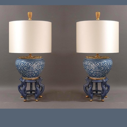 Pair Unique Chinoiserie Table Lamps, Faux Bamboo Trim