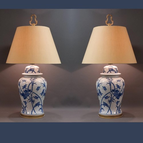 Pair Chinoiserie XL Temple Jars As Lamps