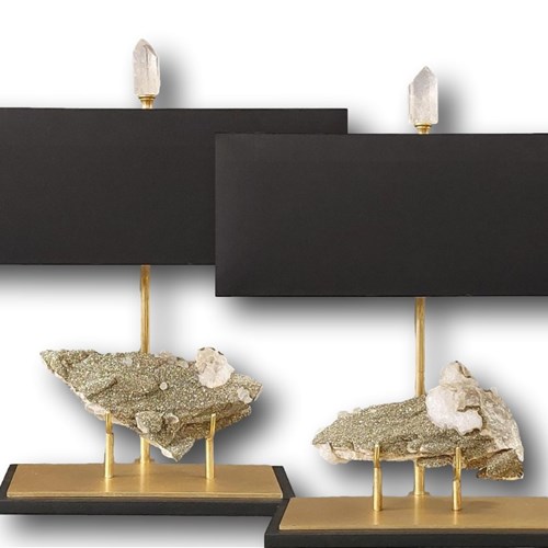 Pair Of Mineral Table Lamps. Pyrite On Quartz