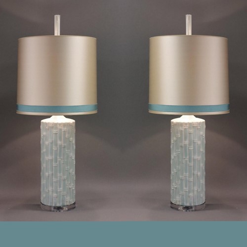 Pair Ceramic Faux Bamboo Table Lamps