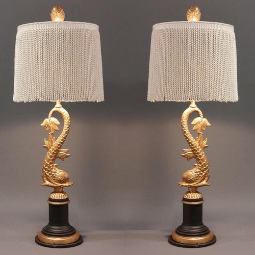 Pair gilt brass ancient dolphin lamps tassel shade