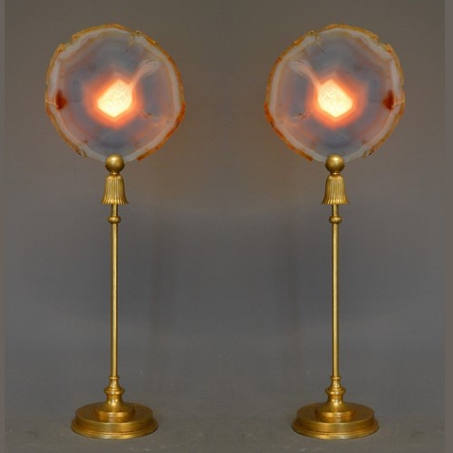 Pair Of Grey-Amber Agate Disc Mounted As Lamps