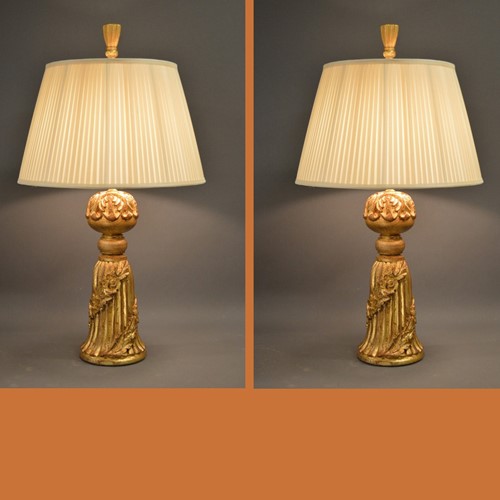 PAIR of gilt wood tassel table lamps. 2 pair avai