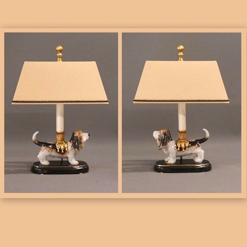 Pair Vintage Basset Hounds Dog Lamps. 
