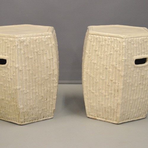 Pair ceramic faux bamboo stools, garden seats