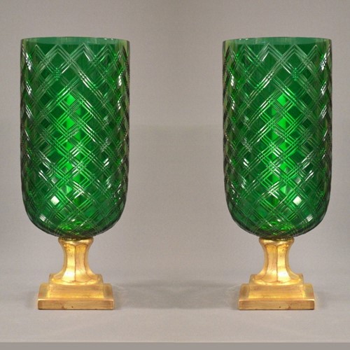 Pair Of Green Glass Hurricane Lamps