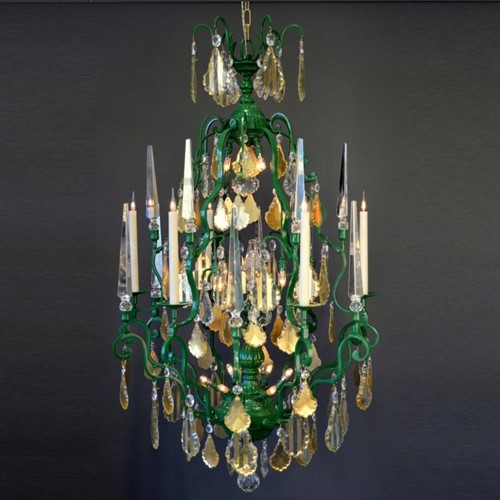 Large French Bronze Green Painted Cage Chandelier