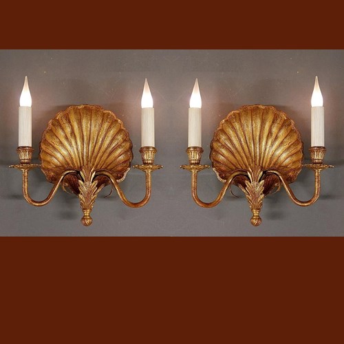 Pair Of Gilded Bronze Shell Wall Lamps. 2 PAIR Available