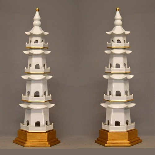 Pair Of 71Cm Tall White/Gold Pagoda's