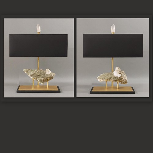 Pair of mineral table lamps. Pyrite on Quartz