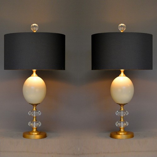 Pair Of Ostrich Egg And Crystal Table Lamps