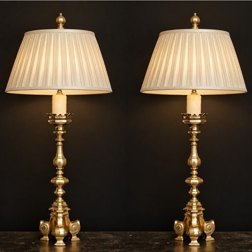 Pair Of 18C Brass Candle Stick Lamps