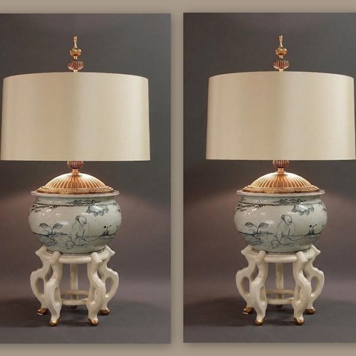 Pair Chinese Bowls On Creme Stands