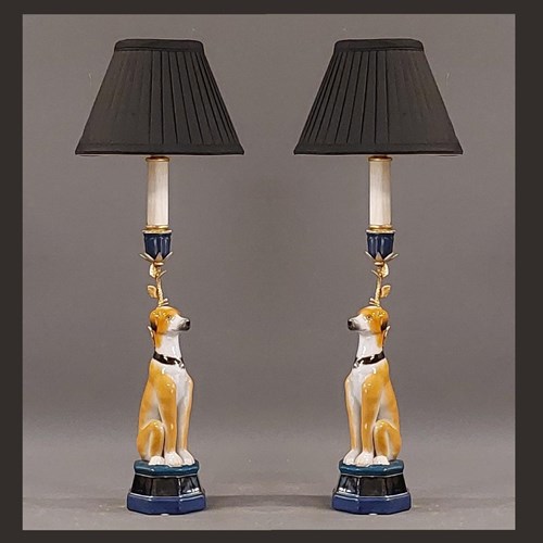 Pair Of Ceramic Dog Figurine Lamps