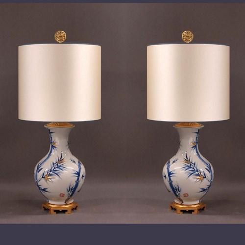 Pair Of Chinese Vases Bamboo Decor As Lamps