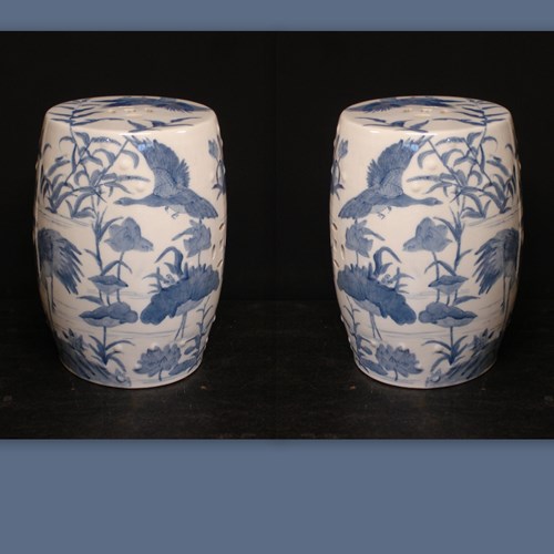 Pair Chinoiserie Handpainted Blue White Garden Stools