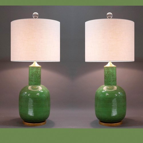 Pair Green Lacquered Brass Table Lamps.
