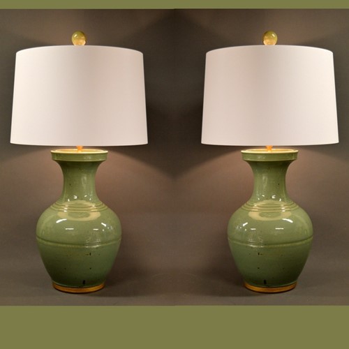 Pair Ceramic Green Vases Mounted As 94Cm Lamps