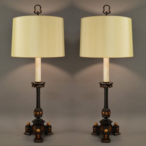 Pair Arts and Crafts candle stick lamps