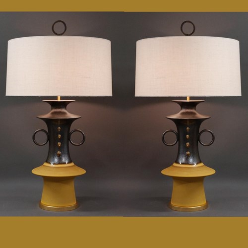 Pair Of Brutalist Brown/Yellow Table Lamps