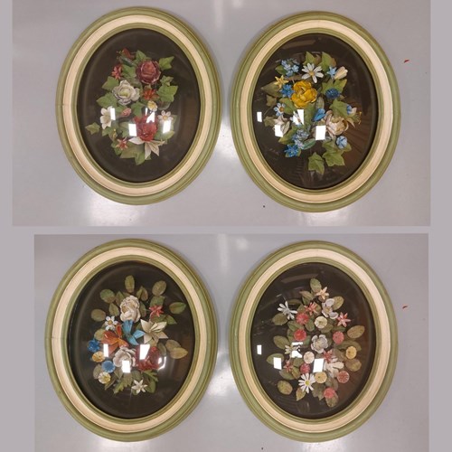 Set Of Four Aranged Tole Flowers In Oval Shadow Boxes
