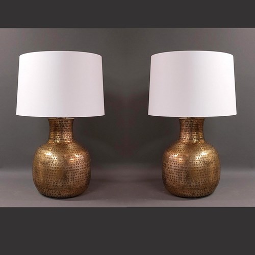 Pair Hammered Brass Vases Mounted As Large Lamps
